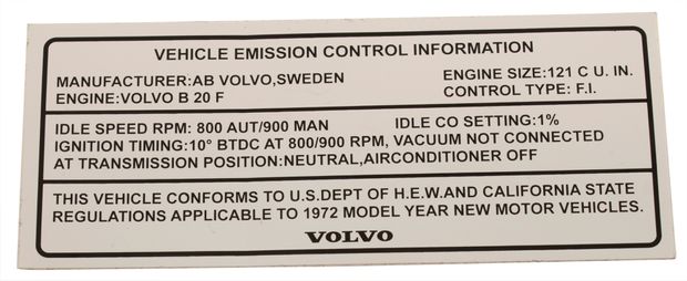 Decal Vehicle Emission 1800 1972 in the group Volvo / P1800 / Miscellaneous / Decals P1800 1961-73 at VP Autoparts AB (136)