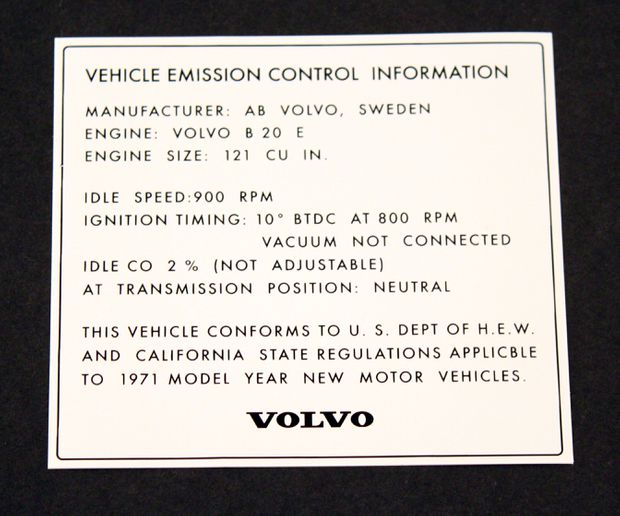 Dekal avgaskontroll B20E 1971 i gruppen Volvo / 140/164 / vrigt / Dekaler / Dekaler 140 hos VP Autoparts AB (170)