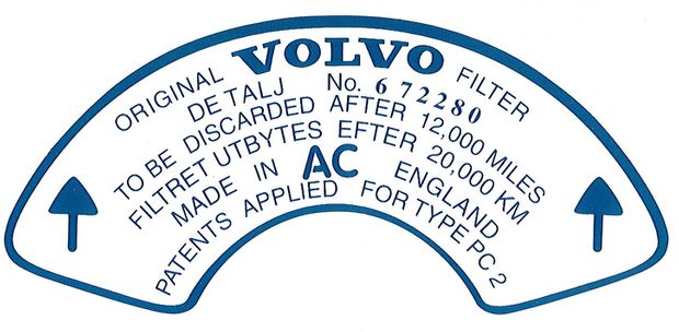 Decal Air filter B18B 672280 in the group Volvo / 140/164 / Miscellaneous / Decals / Decals 140 at VP Autoparts AB (186)