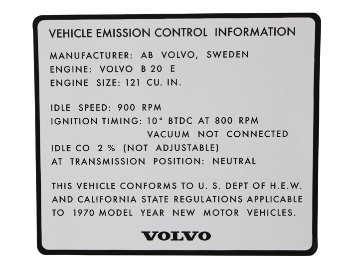 Dekal avgaskontroll B20E 1970 i gruppen Tillbehr / Trycksaker / Dekaler Volvo hos VP Autoparts AB (204)