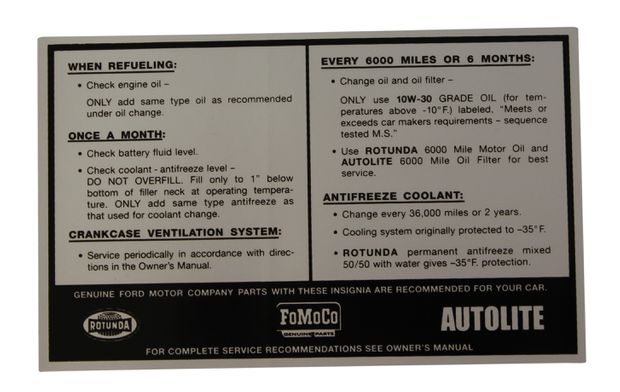 Service Specification Decal Ford 67-69 in the group Ford/Mercury / Ford Mustang 65-73 / Stripe kits/decals / Decals / Engine compartment at VP Autoparts AB (DF0052)