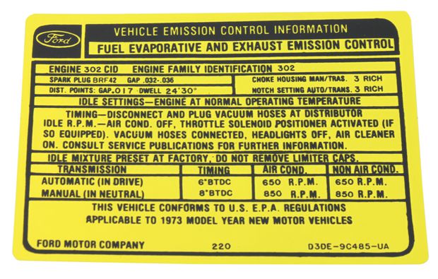 Decal Ford, 302 2V A/T,M/T emission 1973 in the group Ford/Mercury / Ford Mustang 65-73 / Stripe kits/decals / Decals / Engine compartment at VP Autoparts AB (DF0641)