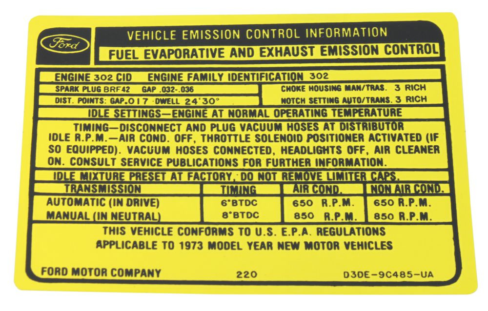 Dekal Ford, 302 2V A/T,M/T emission 73