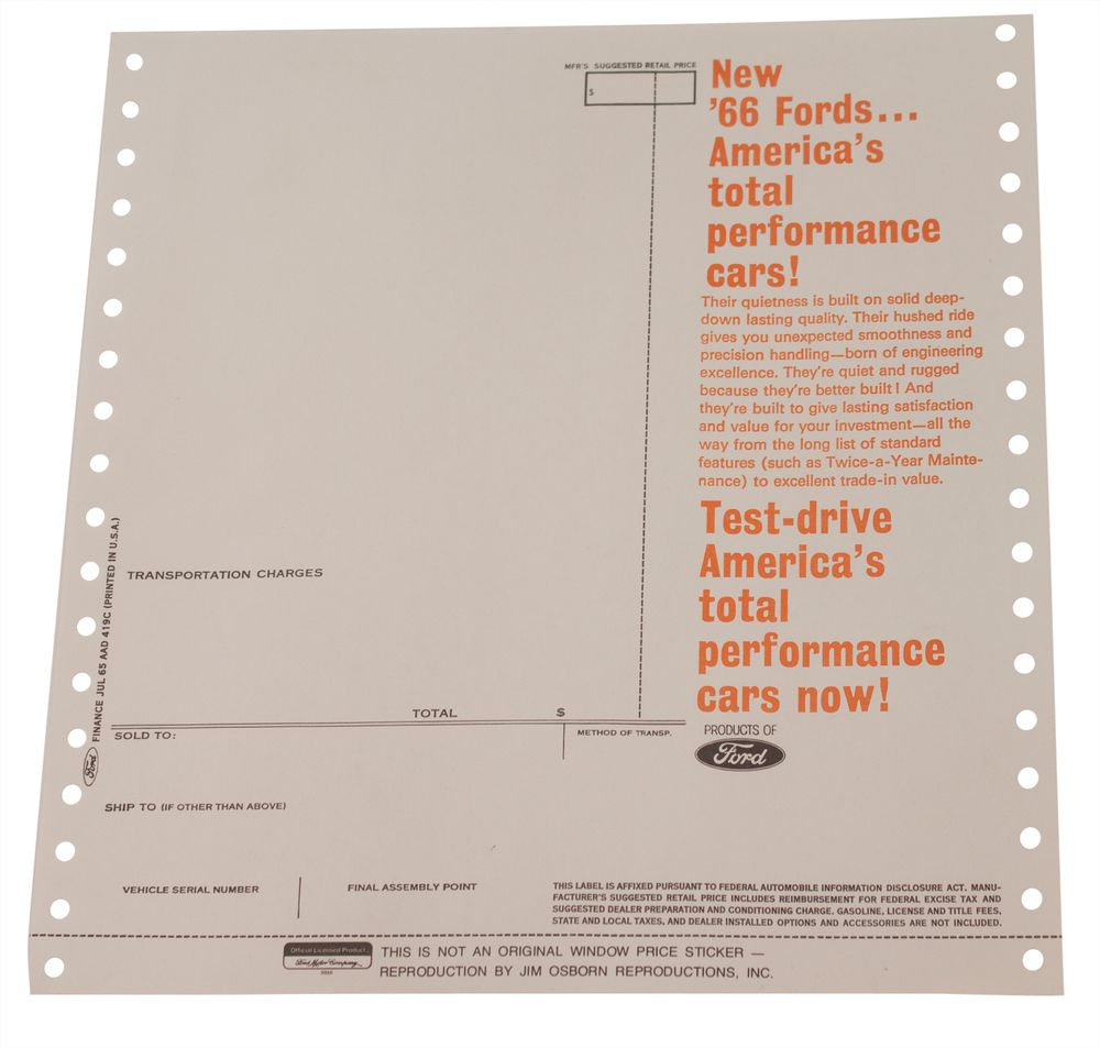 Window sticker Ford 1966 late